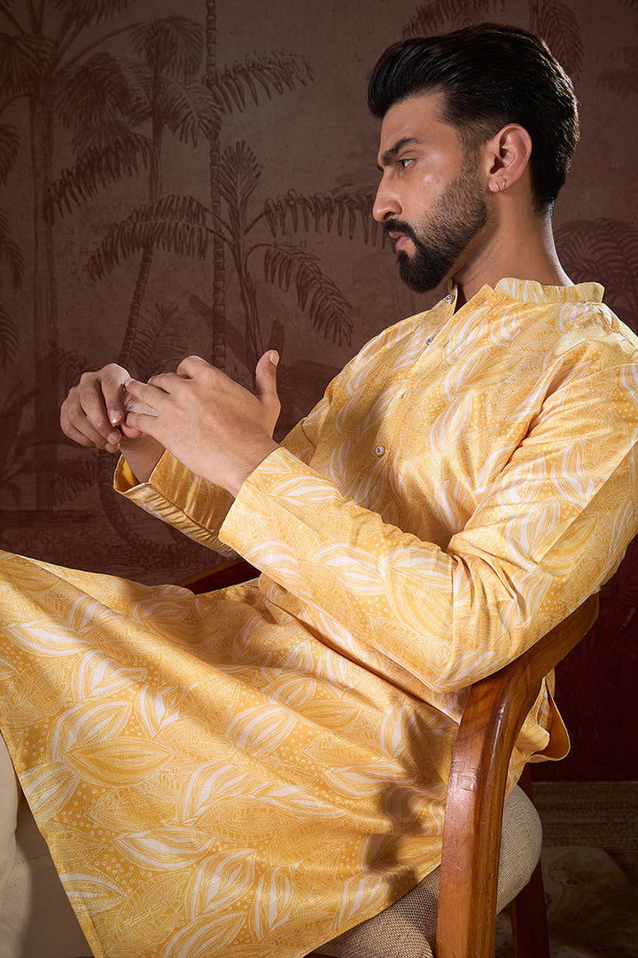 Yellow Silk Blend Floral Printed Straight Kurta For Men | SHOBITAM
