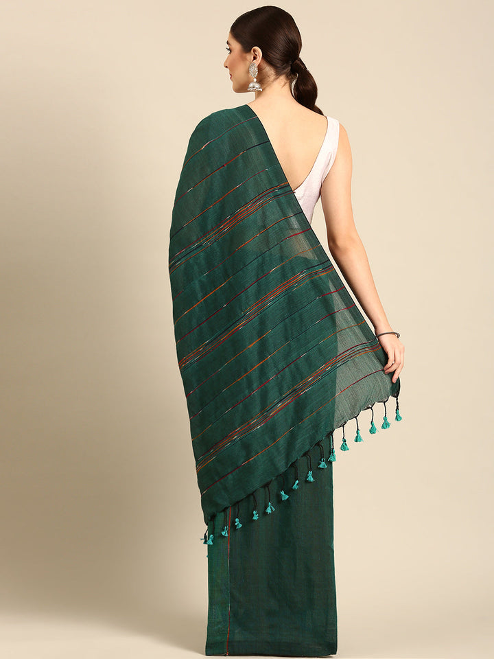 Bottle Green Pure Cotton Saree with Blouse piece