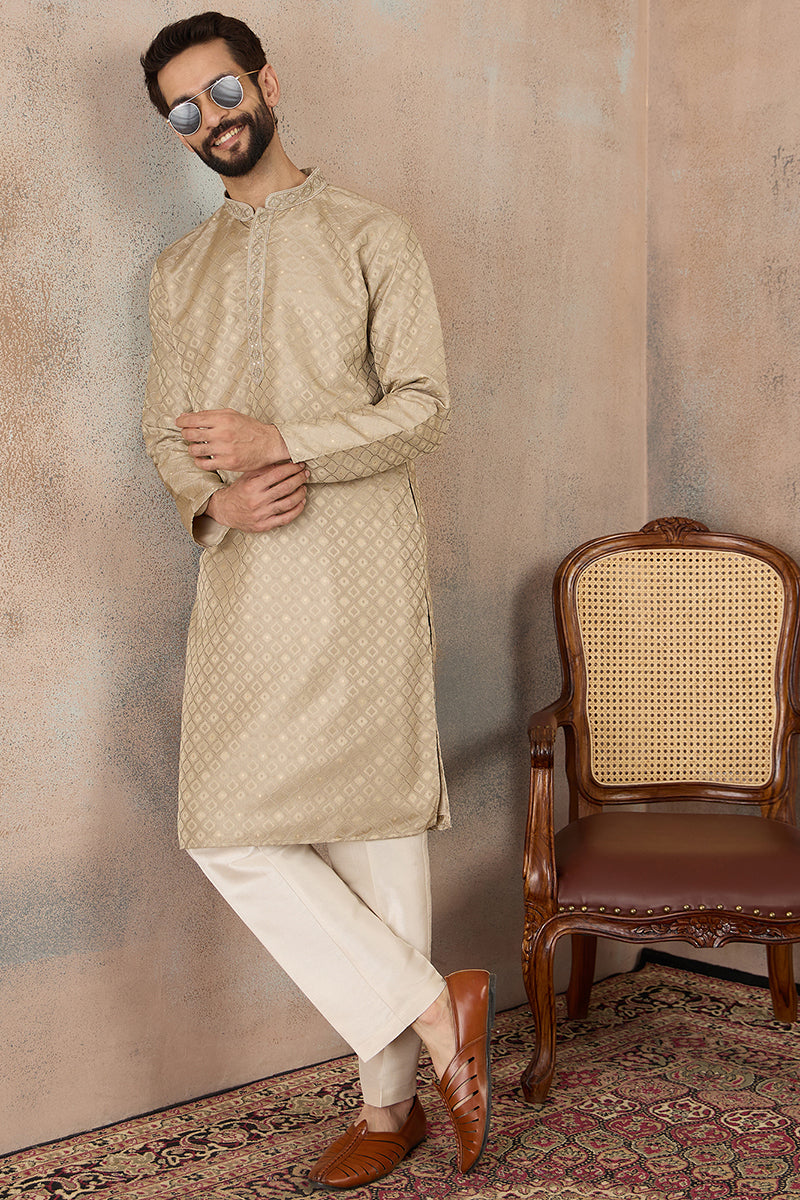Mens Olive Jacquard Ethnic Motifs Embroidered Kurta | SHOBITAM