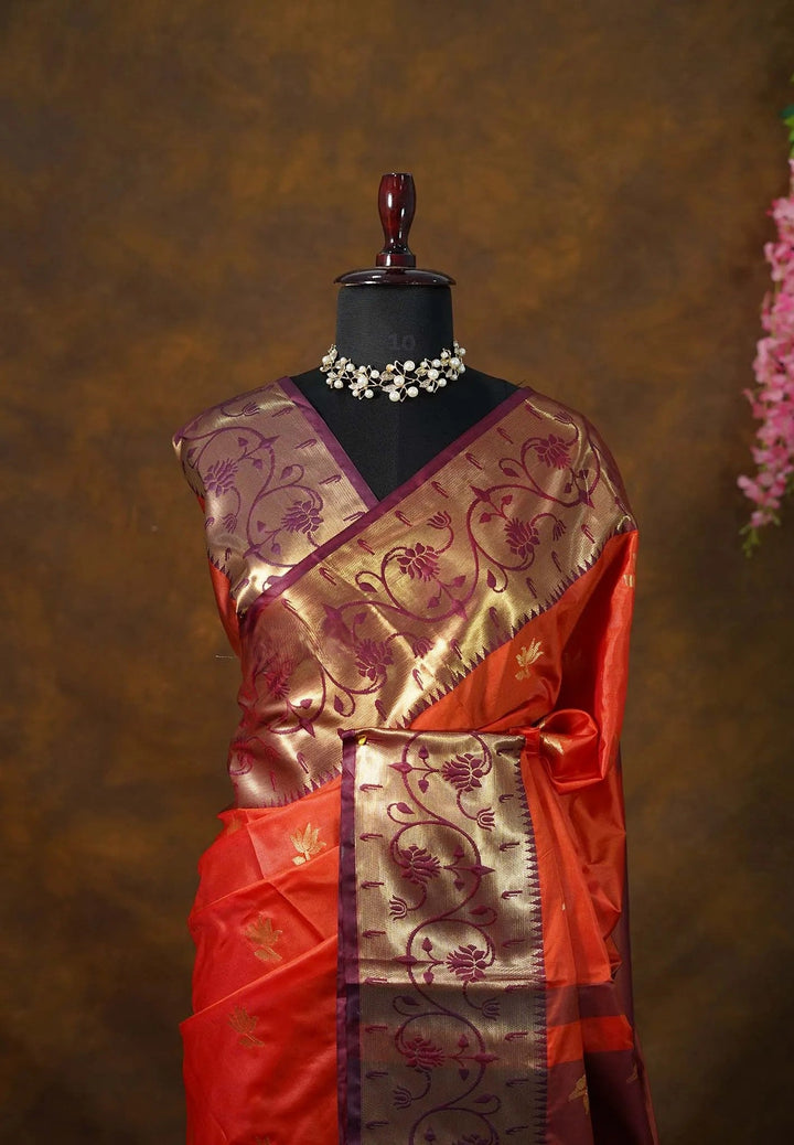 Sunset Orange Semi Silk Kanchi Saree with Paithani Style Borders