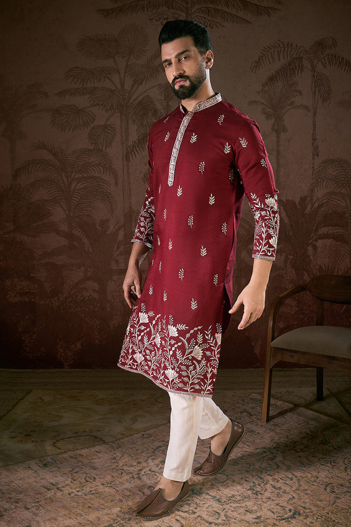 Maroon Silk Blend Solid Embroidered Straight Kurta For Men | SHOBITAM