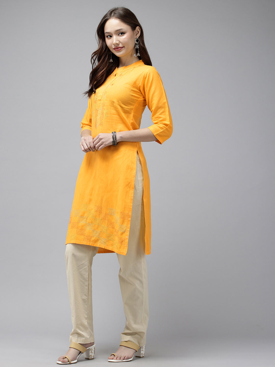 Yellow Kantha Cotton Kurta | SHOBITAM
