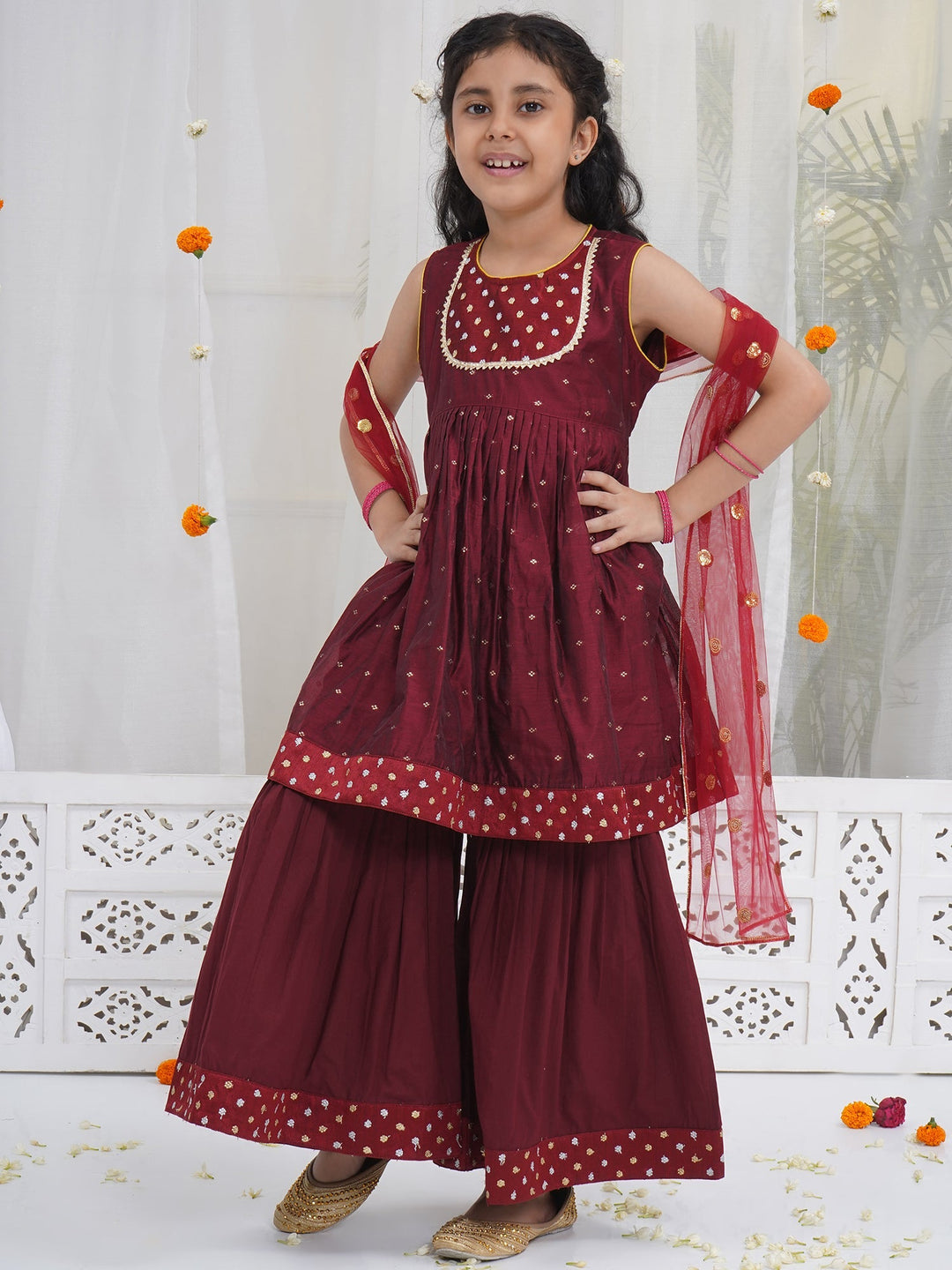 Girls Maroon Chanderi Semi-Silk Kurta Sharara Set with Dupatta and Cotton Lining | SHOBITAM