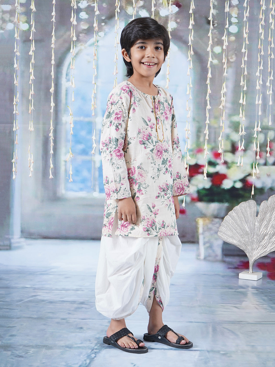 Boys Cotton Full Sleeves Kurta Dhoti with Floral Print and Pearl Buttons - Cream   | SHOBITAM