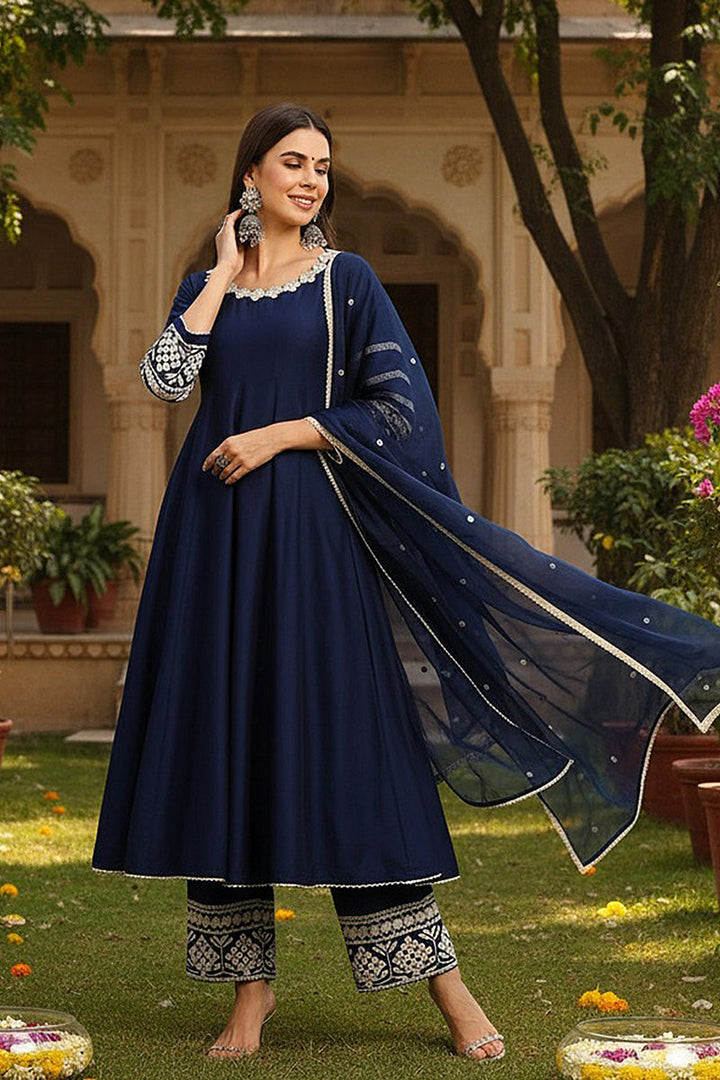 Navy Blue Silk Blend Solid Embroidered Anarkali Suit Set | SHOBITAM