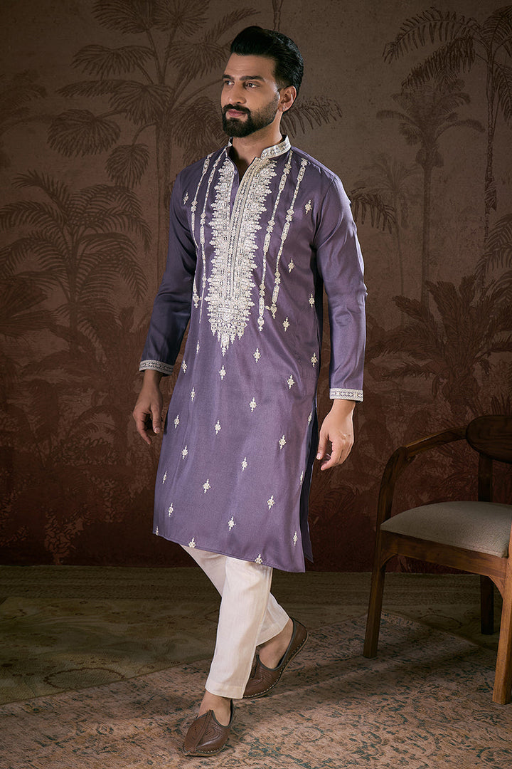 Lavender Silk Blend Solid Embroidered Straight Kurta | SHOBITAM