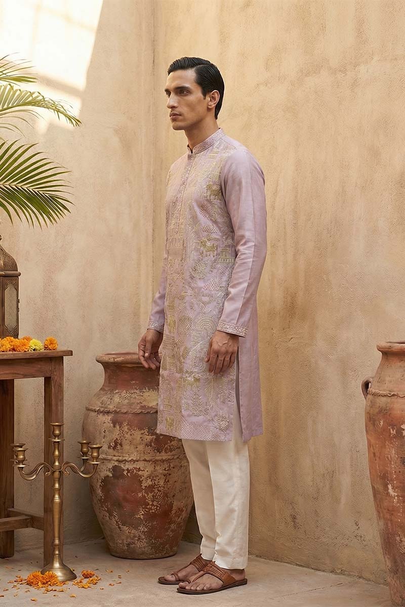 Lavender Silk Blend Embroidered Straight Kurta | SHOBITAM
