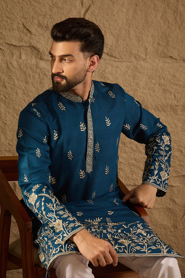 Blue Chanderi Silk Solid Embroidered Straight Kurta with Trouser  | SHOBITAM