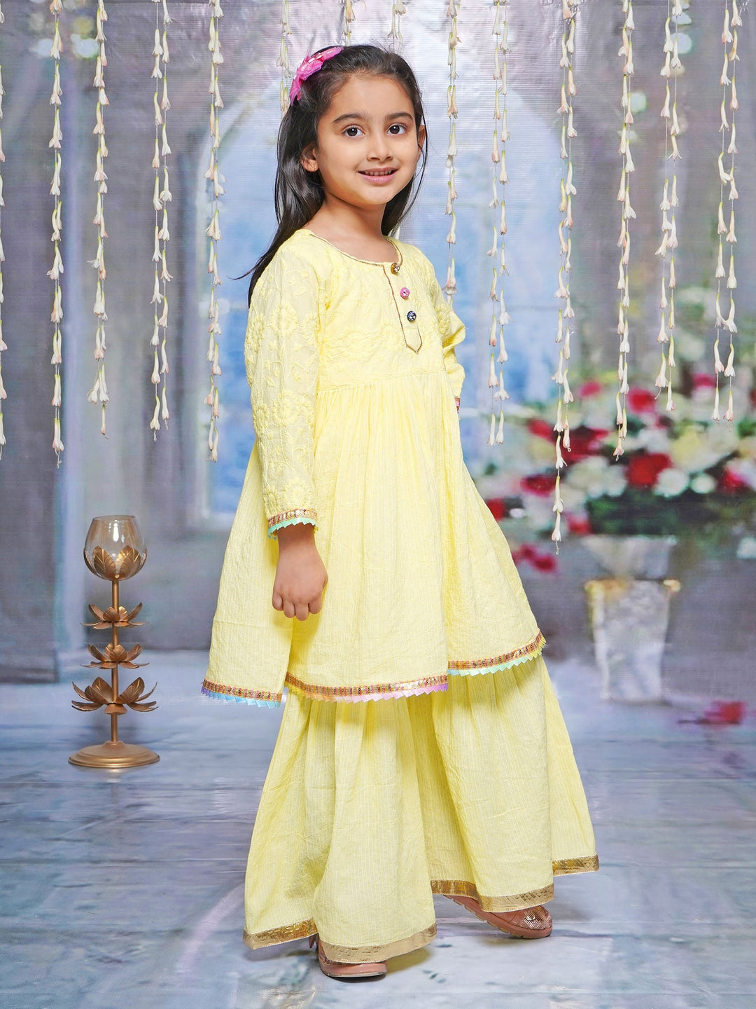 Floral Embroidery Kurta Sharara with Dupatta - Lemon Yellow | SHOBITAM