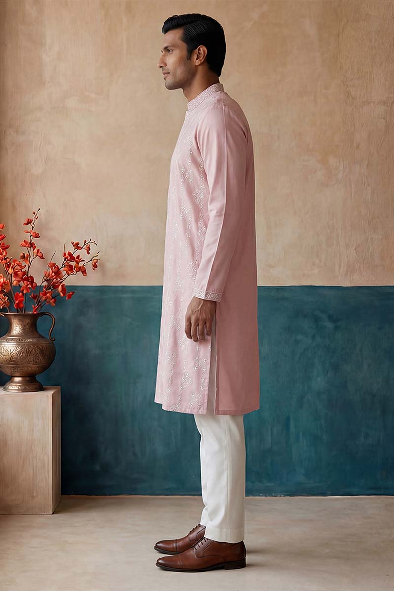 Mens Pink Silk Blend Solid Embroidered Kurta With Trousers | SHOBITAM