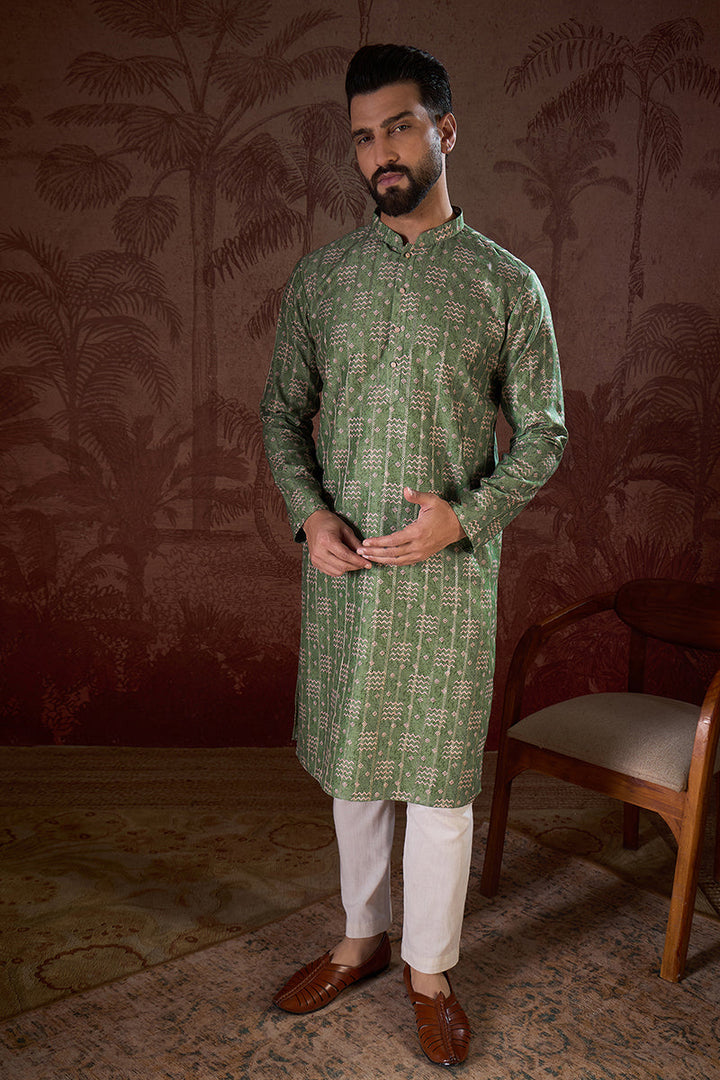 Green Silk Blend Ethnic Motifs Printed Straight Kurta With Trouser | SHOBITAM