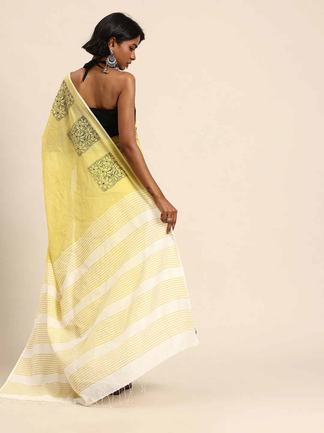 Cream-Yellow Handblock print Cotton saree No Blouse