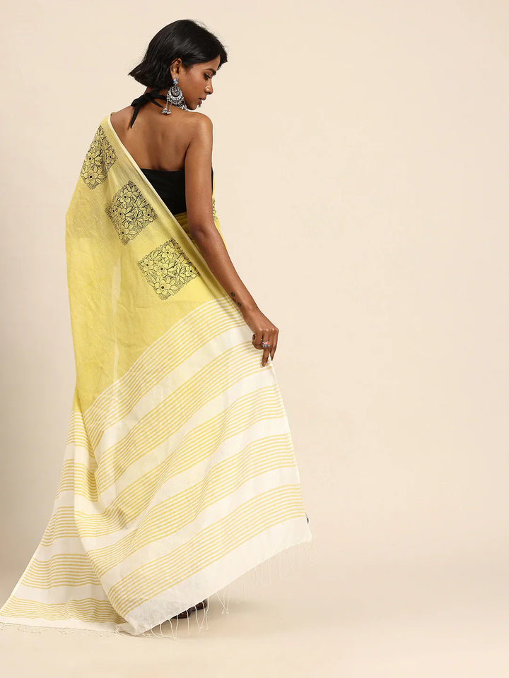 Cream-Yellow Handblock print Cotton saree No Blouse