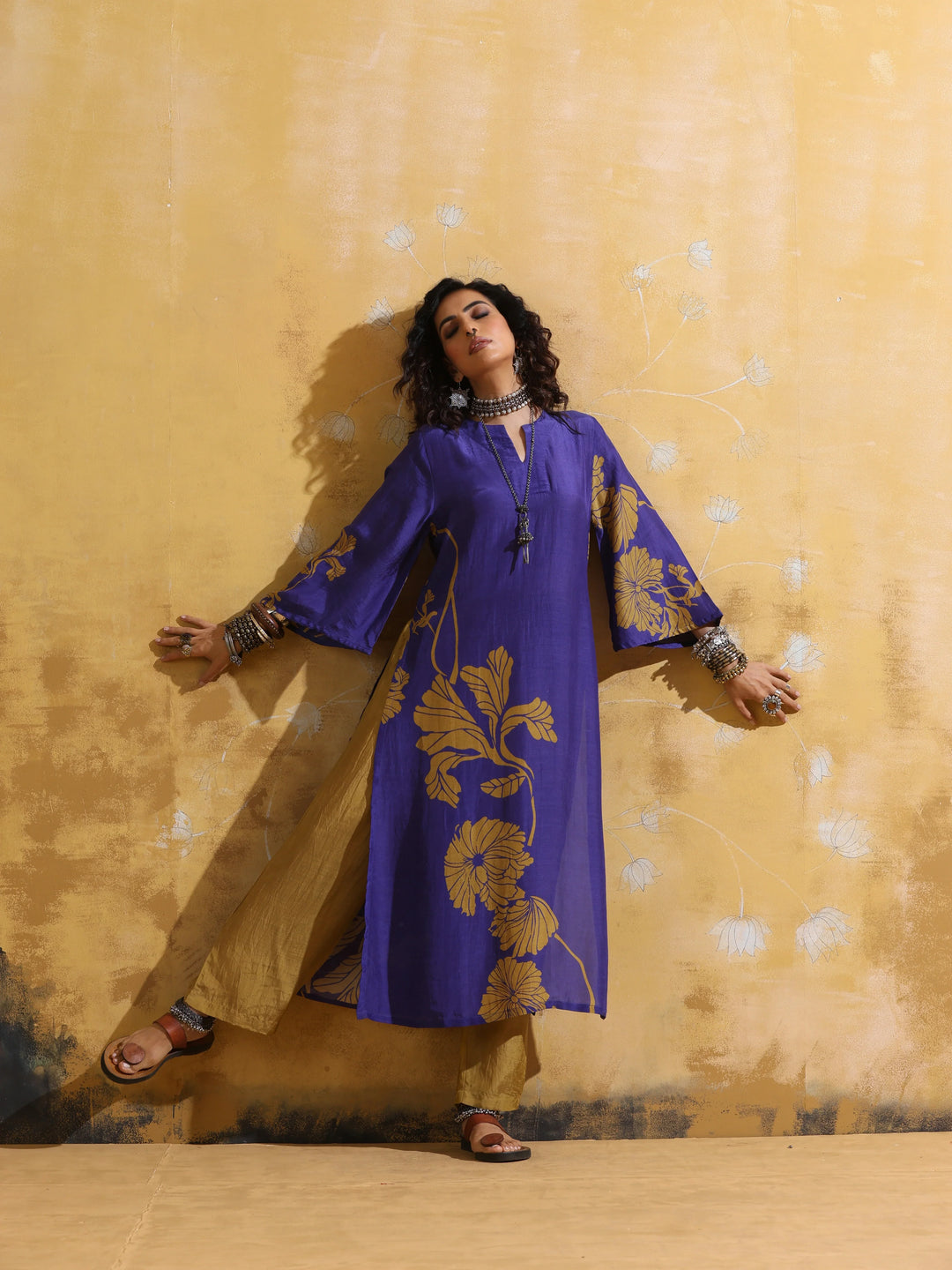 Purple Mustard Floral Print Muslin Silk High-Slit Kurta Set  | SHOBITAM