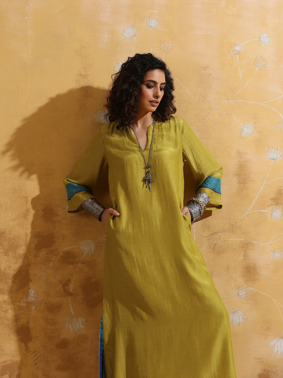 Lime Muslin Silk Straight Maxi Dress  | SHOBITAM