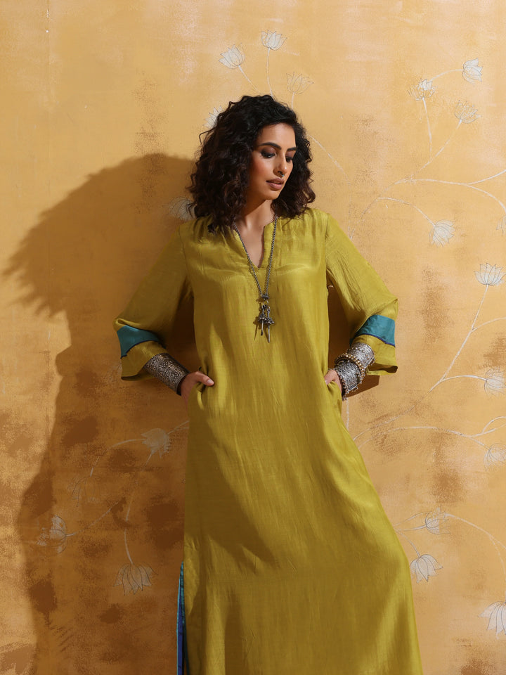 Lime Muslin Silk Straight Maxi Dress  | SHOBITAM