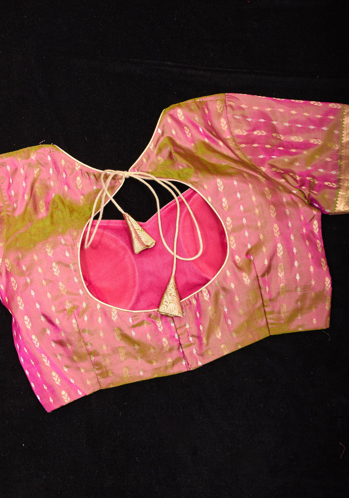 Mustard Pink Banarasi Buti Blouse with Zari Yoke Detailing, Made to Order