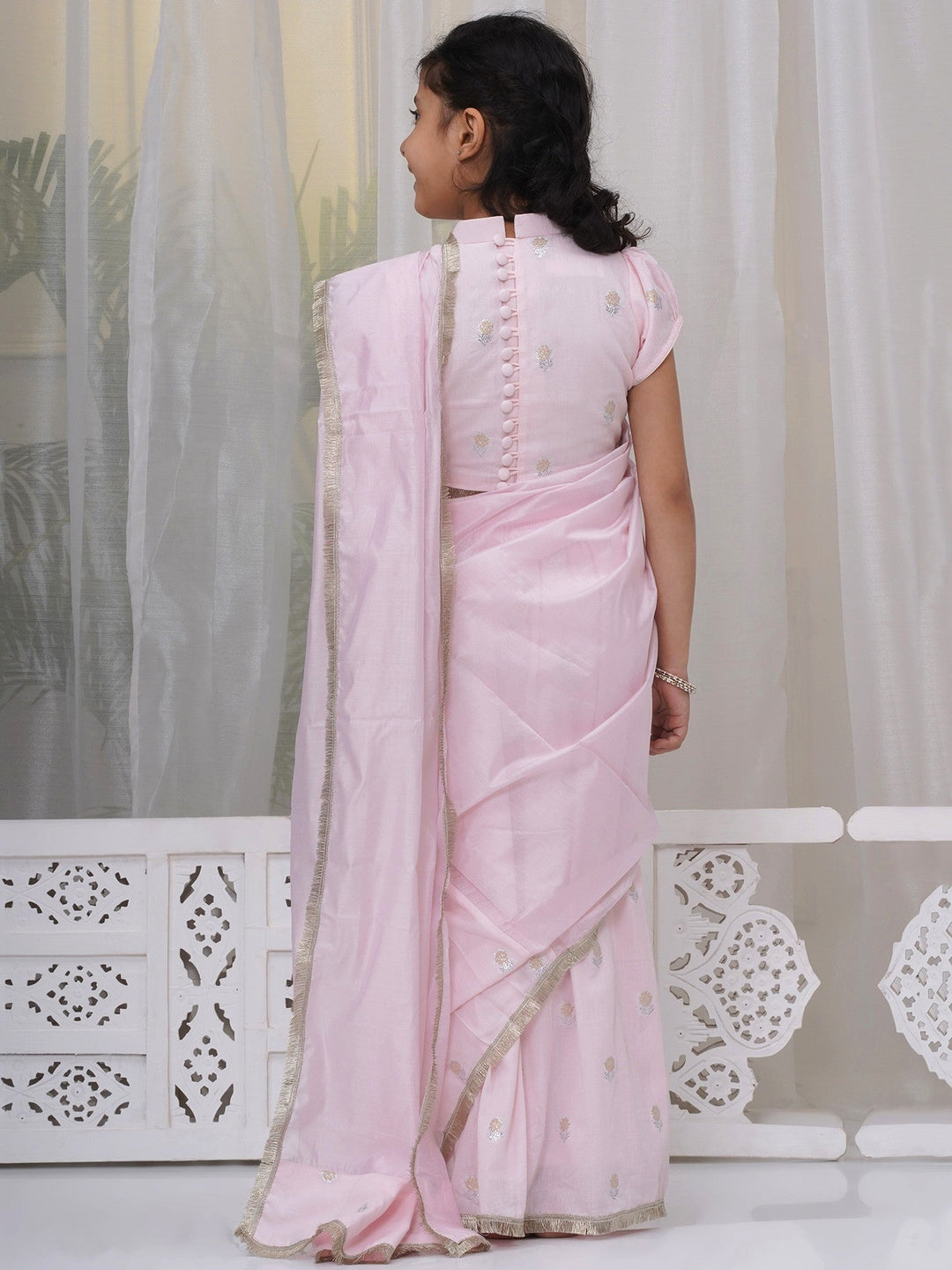 Girls Cotton Puff Sleeves Rose Embroidery Ready to wear Blouse with Ready to wear Chanderi Saree - Pink | SHOBITAM