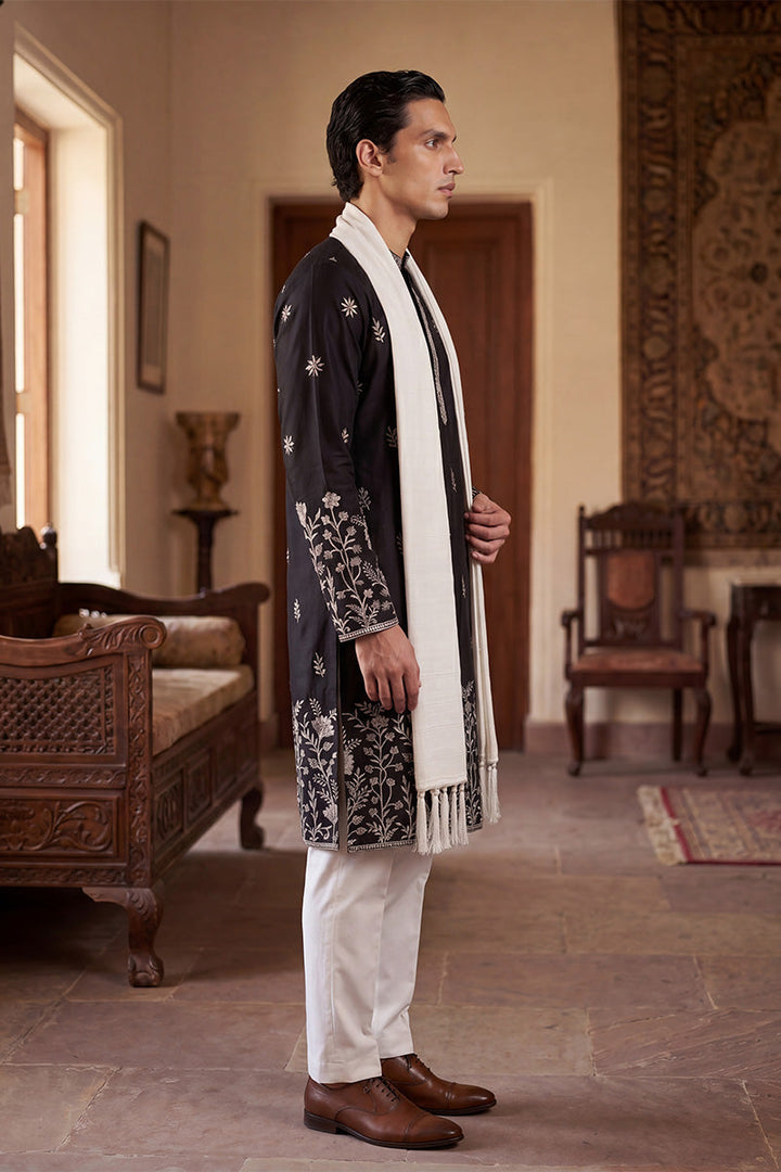 Men Black Silk Blend Solid Embroidered Straight Kurta Sets  | SHOBITAM