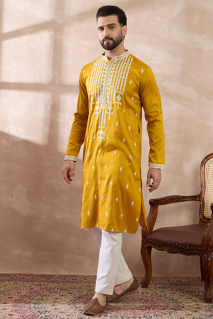 Yellow Silk Blend Embroidered Mandarin Collar Straight Kurta | SHOBITAM