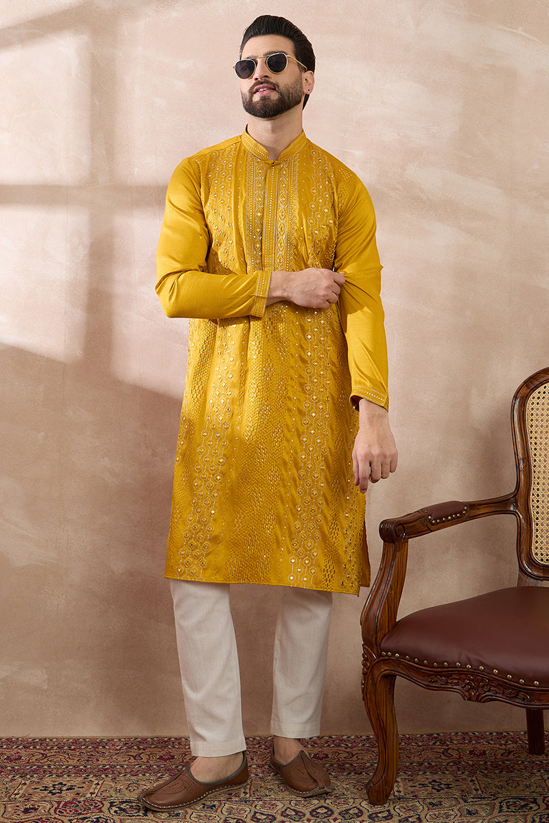 Mustard Silk Blend Embroidered Mandarin Collar Straight Kurta With Trouser| SHOBITAM