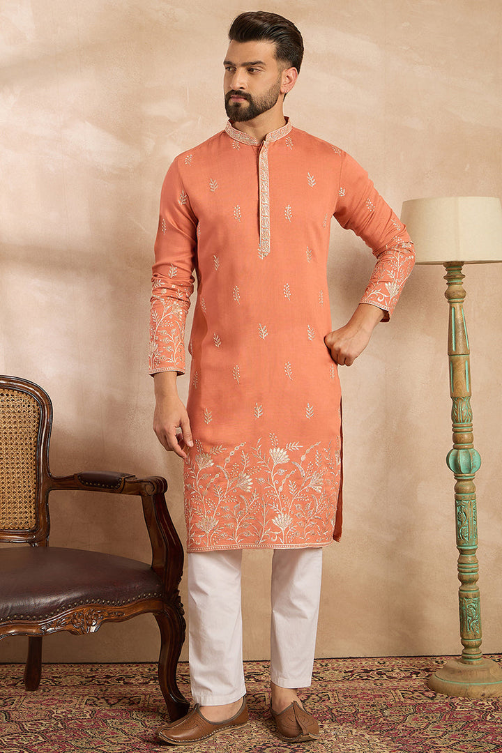 Peach Vartican Solid Embroidered Straight Kurta With Trouser | SHOBITAM