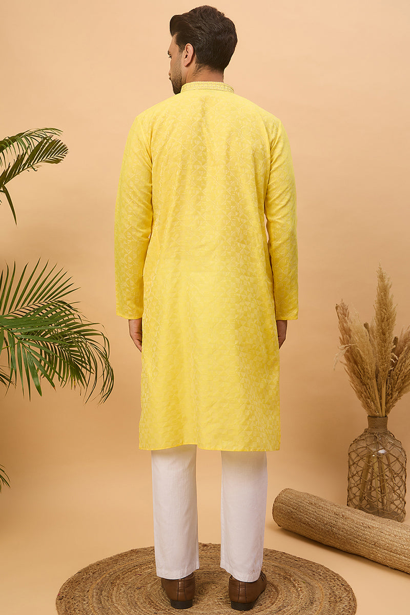 Yellow Silk Blend Solid Embroidered Straight Kurta  | SHOBITAM