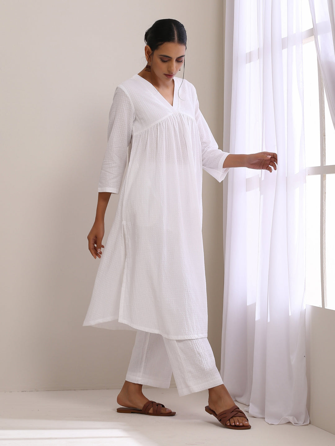 White Dobby Flared Slit Kurta Pant Set  | SHOBITAM