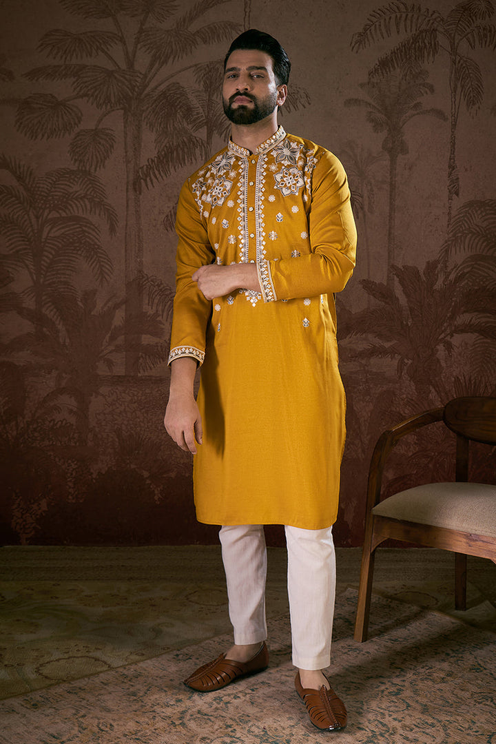 Mustard Silk Blend Solid Embroidered Straight Kurta | SHOBITAM
