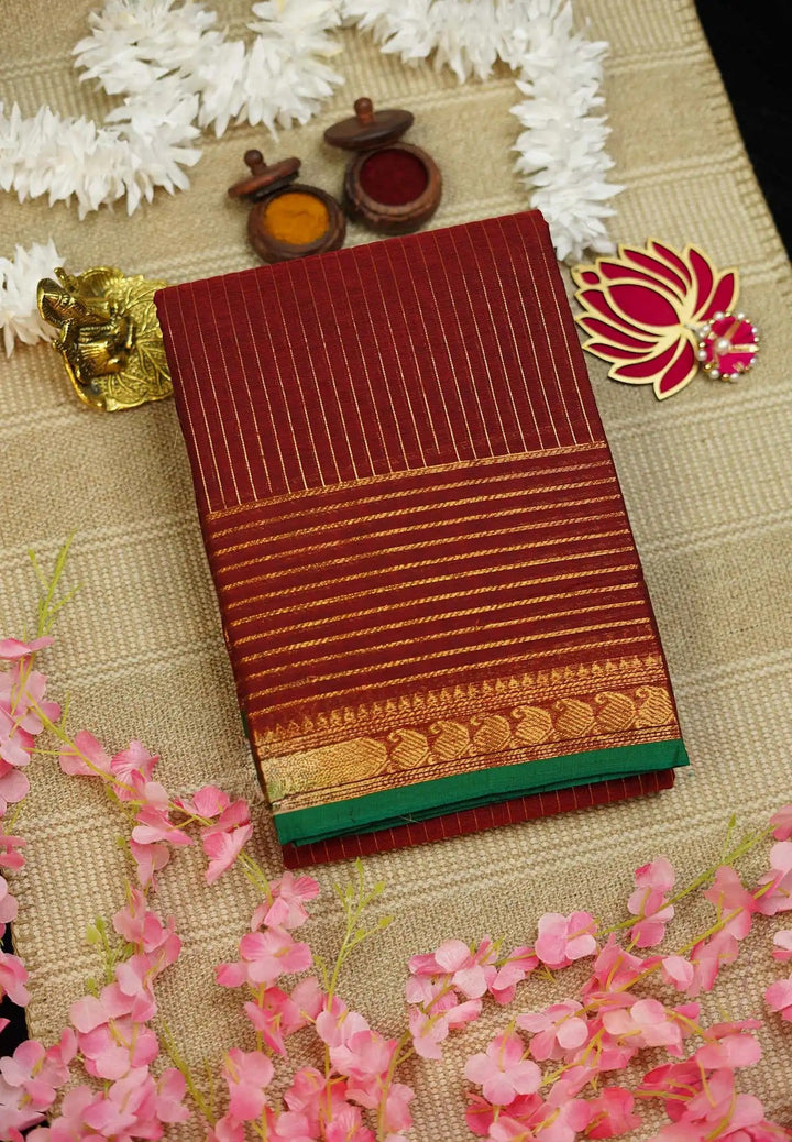 Kumkum Maroon Mercerized Cotton Saree with Zari detailing | SHOBITAM