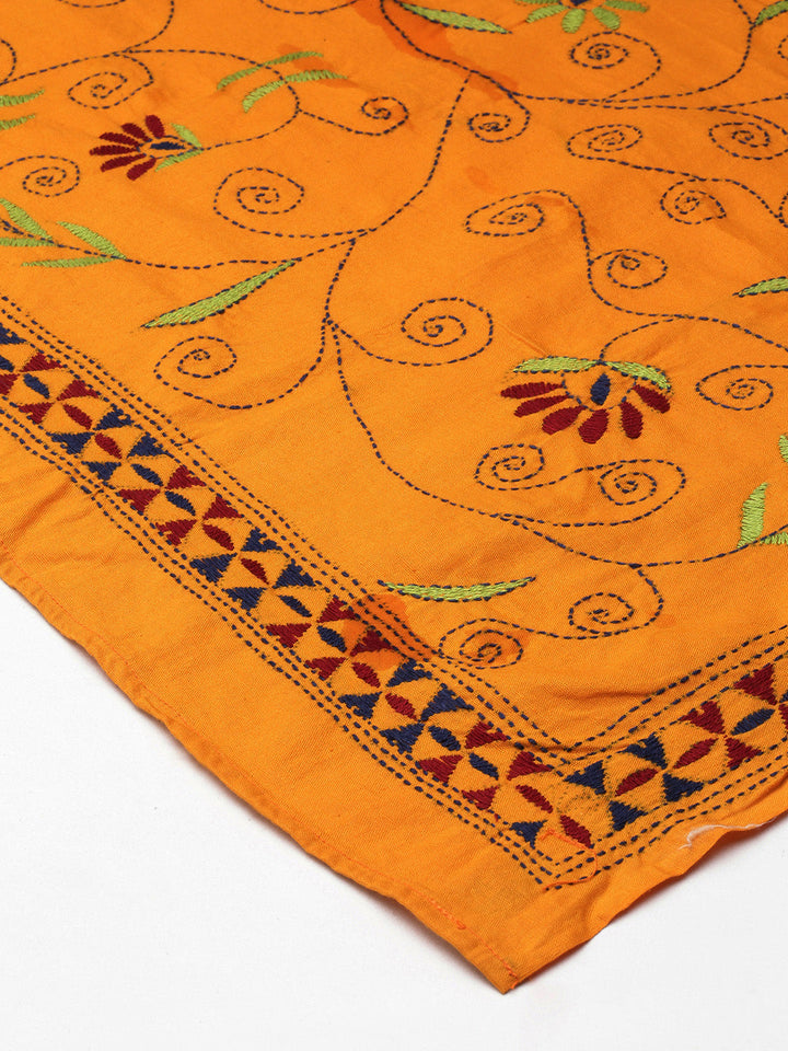 Yellow Kantha Embroidered Cotton Dupatta | SHOBITAM