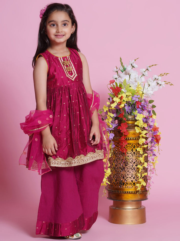 Chanderi Cotton Sleeveless Zari Boota & Lace Embellished Kurta Frock with Plazzo and Dupatta - Hot Pink | SHOBITAM
