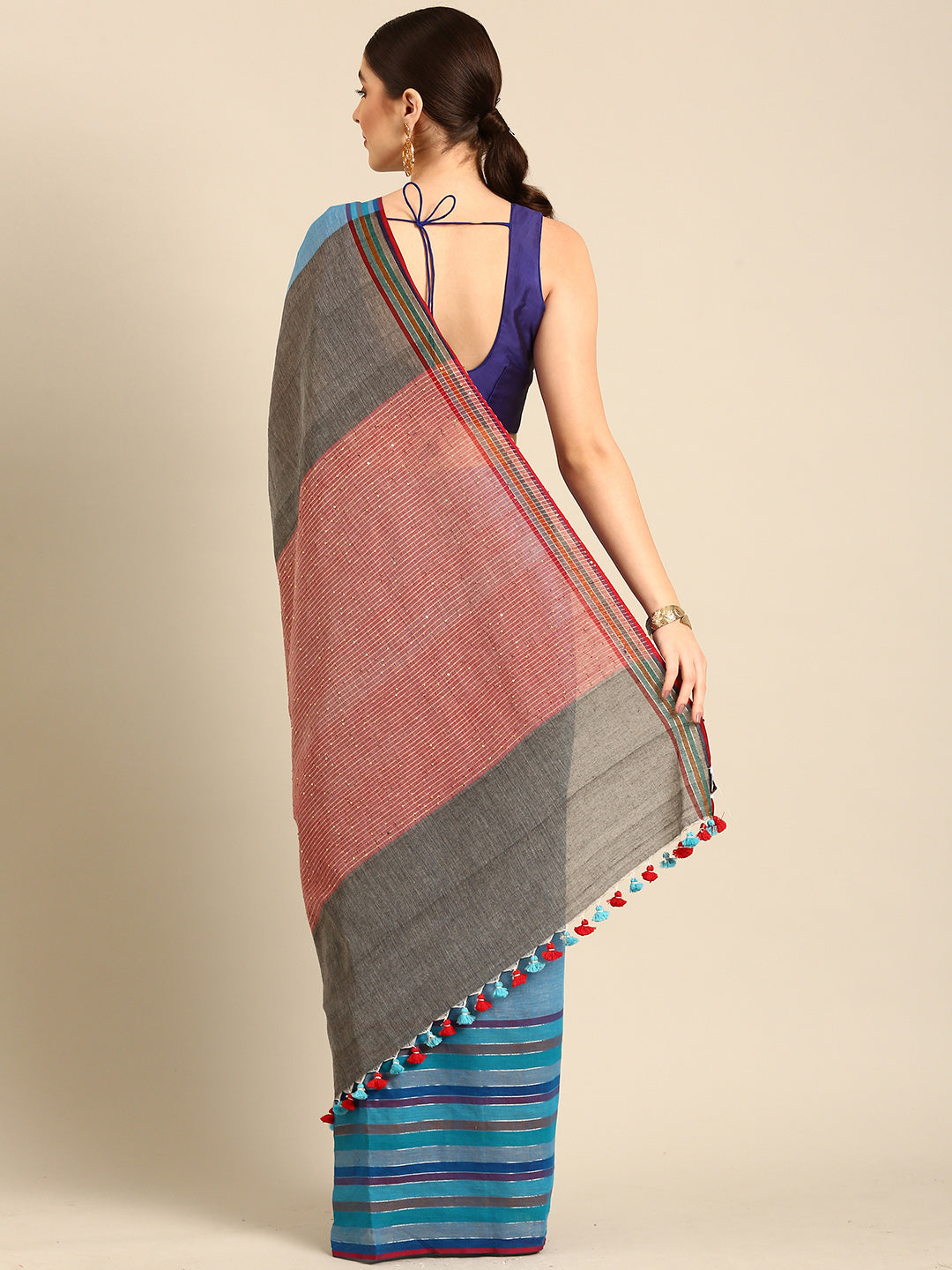 Blue Sequins Cotton Handloom Saree | SHOBITAM