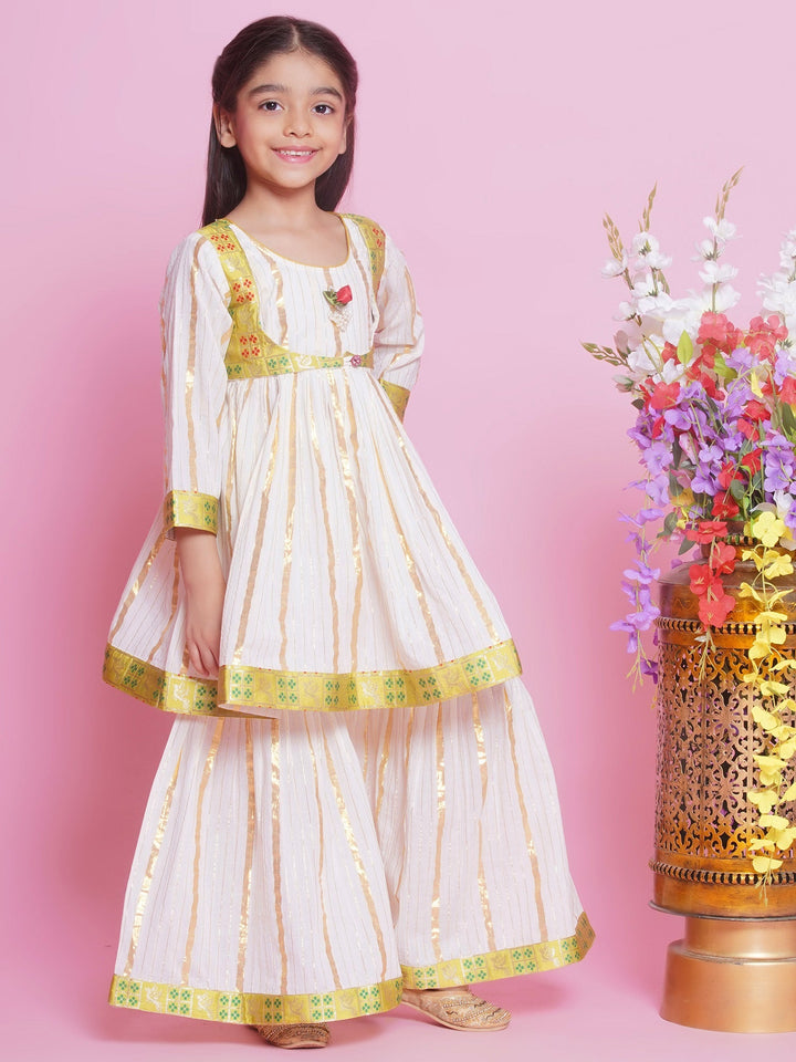 Girls Cotton Bird & Floral Anarkali Sharara Set with Dupatta - Cream | SHOBITAM