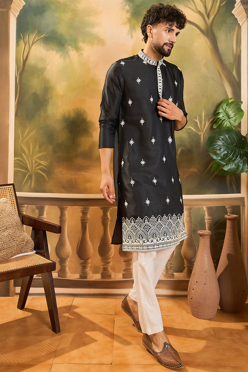 Black Silk Blend Solid Embroidered Straight Kurta | SHOBITAM