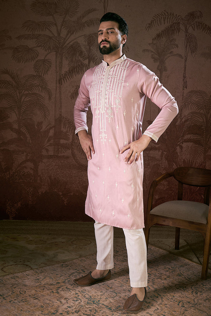 Pink Silk Blend Solid Embroidered Straight Kurta | SHOBITAM