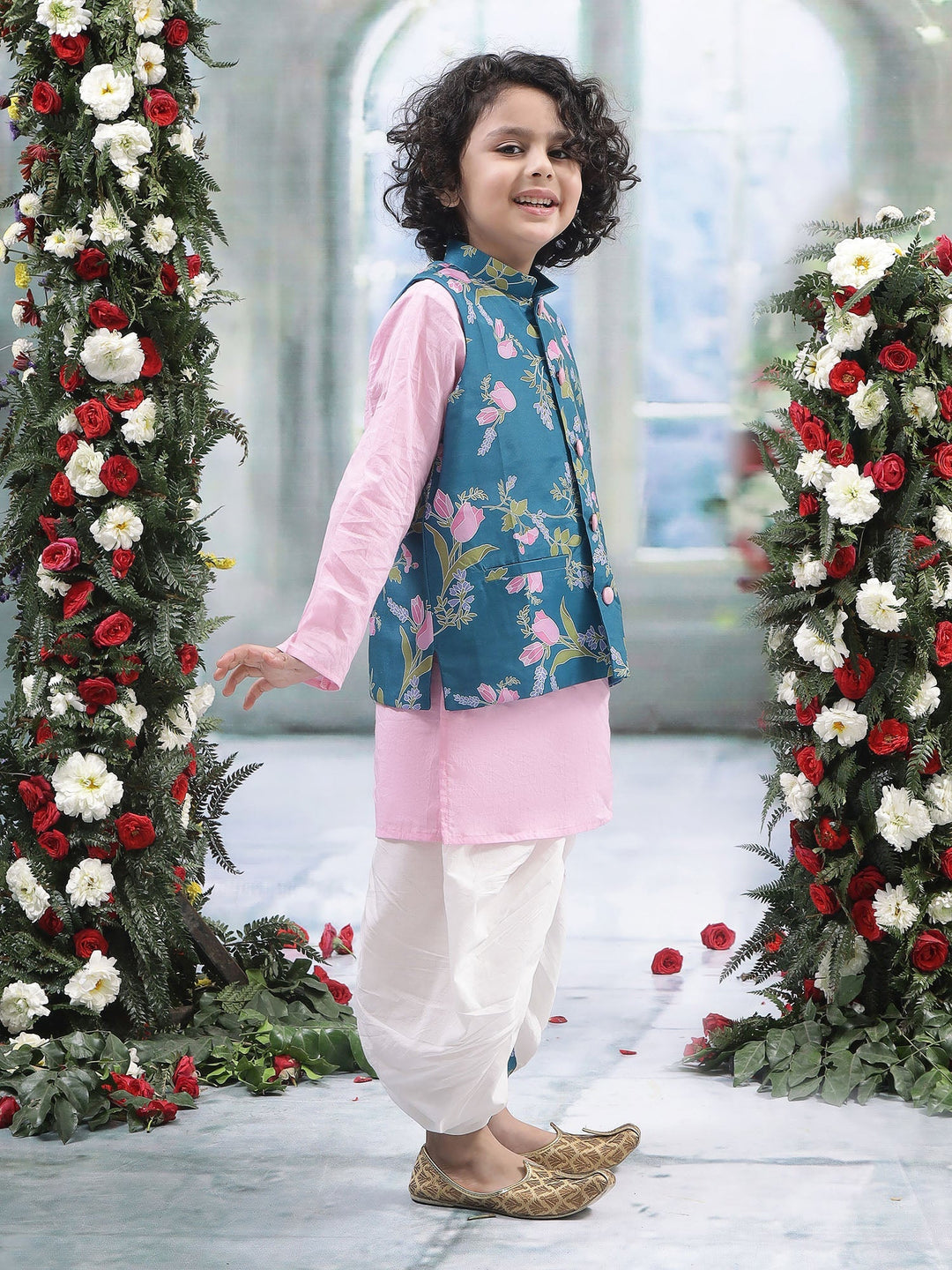 Turquoise Green Floral Nehru Jacket with Cotton Kurta Dhoti Set | SHOBITAM