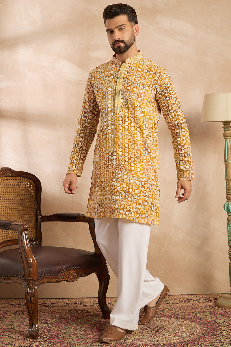 Yellow Viscose Rayon Batik Embroidered Straight Kurta With Trouser | SHOBITAM