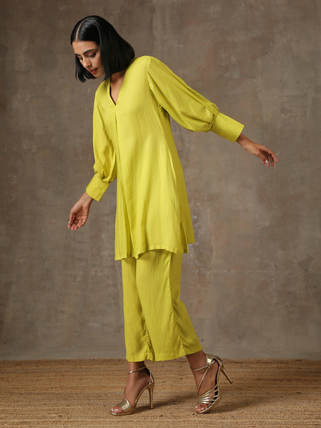 The Penelope - Lime Green Solid Textured Co-Ord Set | SHOBITAM