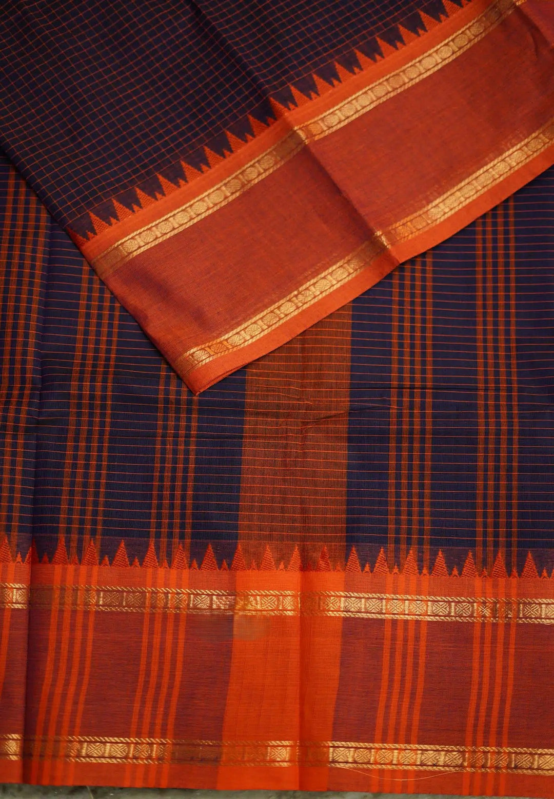 Preorder l Deep Blue Purple Semi Silk Cotton Saree with  rettapeta rudraksham border with muthu kattam checks | SHOBITAM