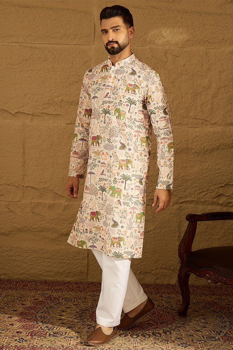 Cream Viscose Rayon Ethnic Motifs Printed Straight Kurta with Trouser | SHOBITAM