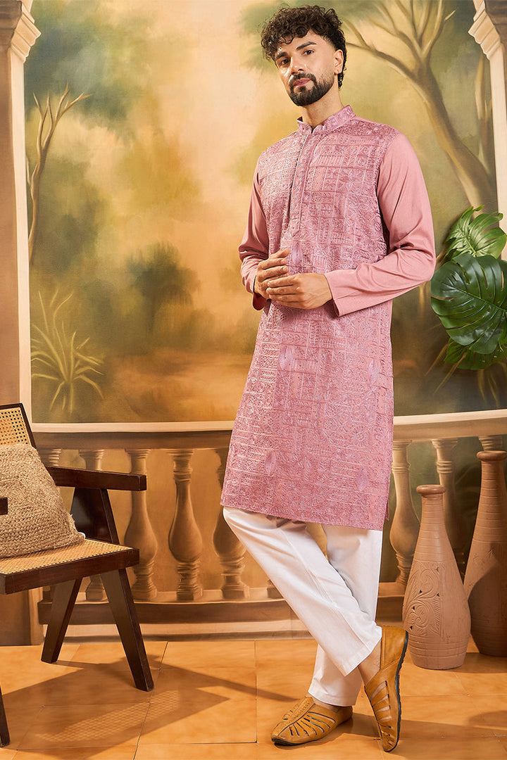 Mauve Silk Blend Solid Embroidered Straight Kurta | SHOBITAM