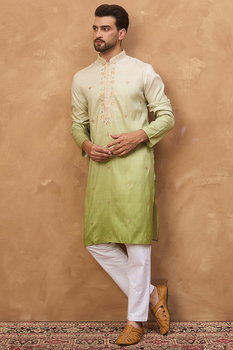 Green Silk Blend Solid Embroidered Straight Kurta | SHOBITAM