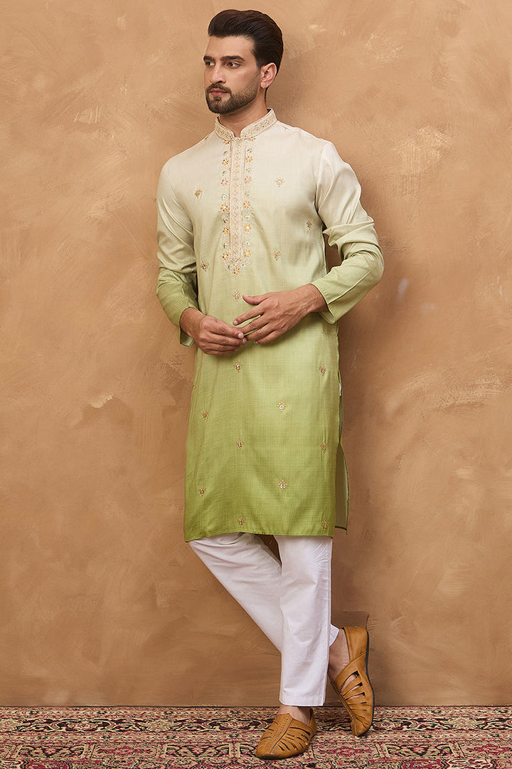 Green Silk Blend Solid Embroidered Straight Kurta | SHOBITAM