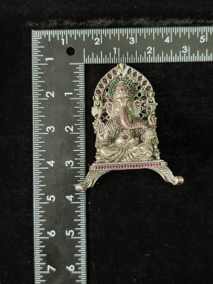 Pure 92.5 Silver Lord Ganesha 3D Idol with Throne and Kemp Stone Detailing