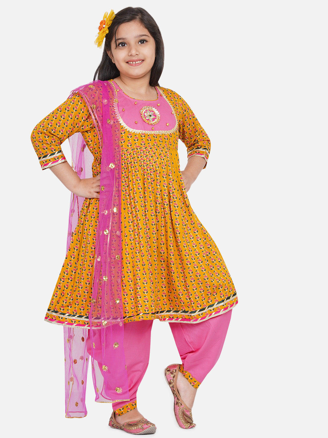 Girls Jaipuri Print Kurta Frock with Salwar in Yellow & Pink