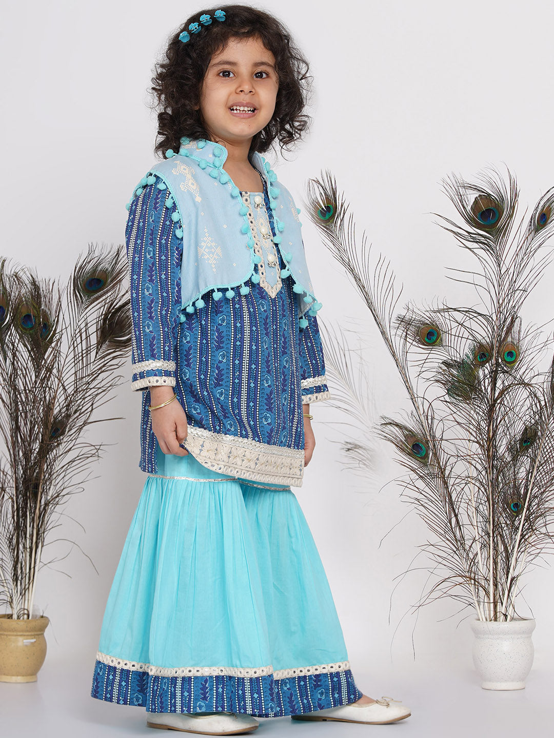 Girls Floral Print Kurta with Lace work and Sharara with pom pom jacket |SHOBITAM