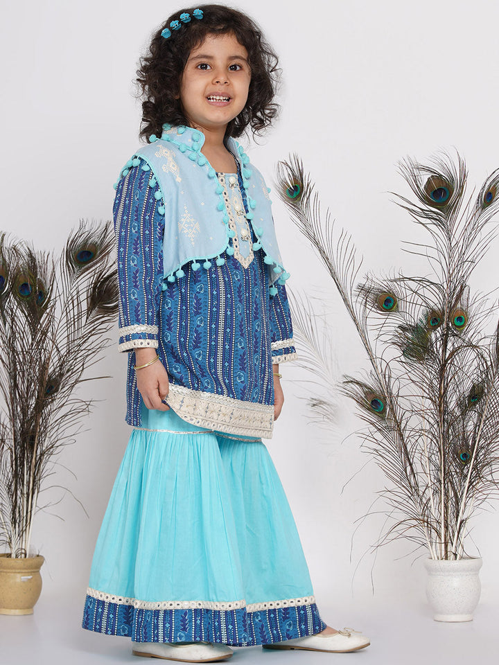 Girls Floral Print Kurta with Lace work and Sharara with pom pom jacket |SHOBITAM