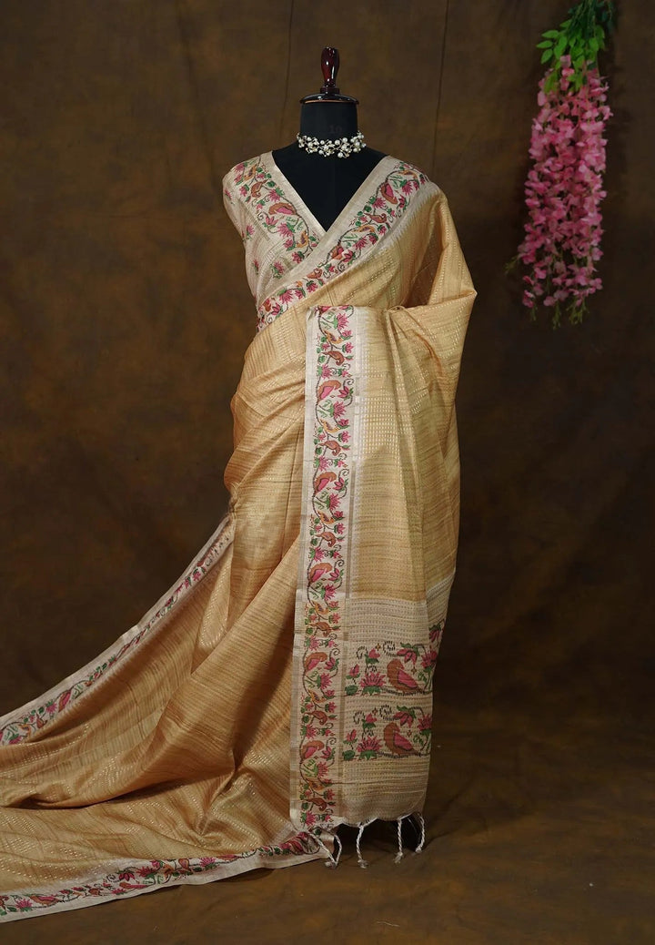 Semi Tussar Sandal Brown Saree with Zari stripes and details| SHOBITAM
