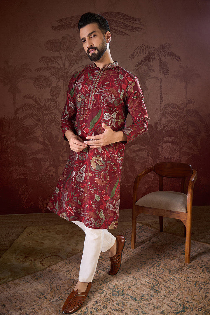 Maroon Silk Blend Floral Printed Straight Kurta For Men | SHOBITAM